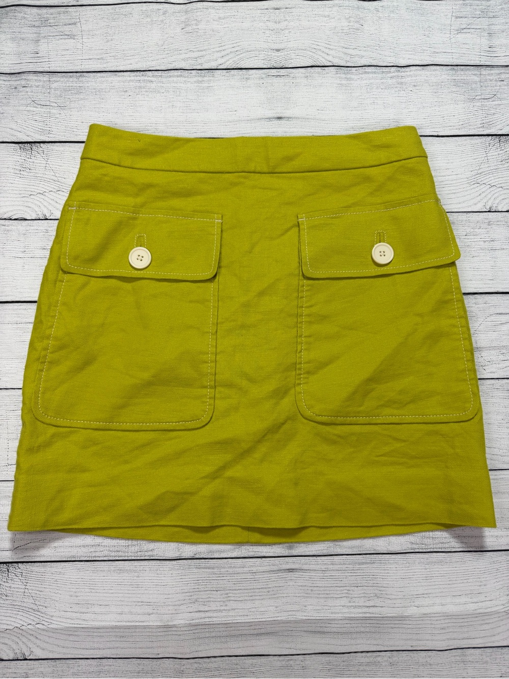 J.Crew‎ Chartreuse Green Linen Blend Mini Skirt with Utility Pockets Size 2